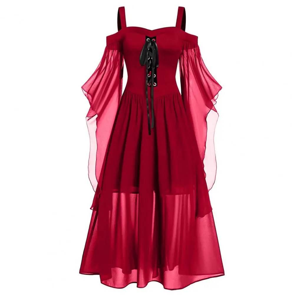 2025 Medieval Witch Dress Women Net Yarn Sleeve Front Cross Bandage Mesh Sheer Chiffon Hem Waist Tight Gothic Halloween Dress