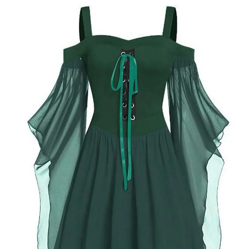 2025 Medieval Witch Dress Women Net Yarn Sleeve Front Cross Bandage Mesh Sheer Chiffon Hem Waist Tight Gothic Halloween Dress