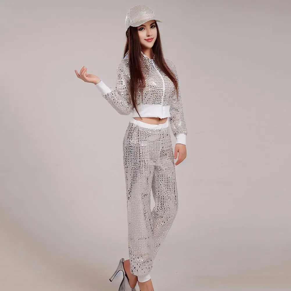 2 Pcs/Set Adult Performance Suit Unisex Shiny Sequin Coat Pants Set Hooded Zipper Elastic Waist Long Sleeves Cheerleader Hip Hop