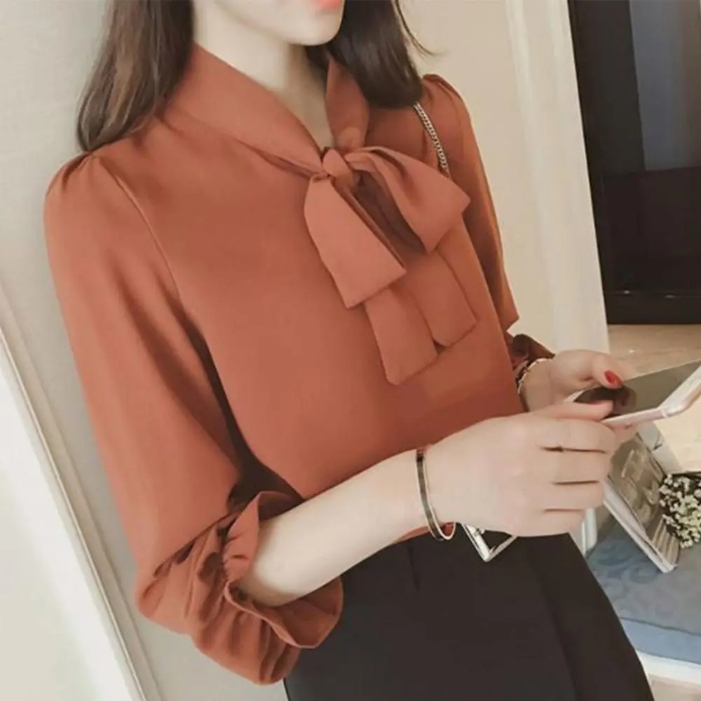 Women Chiffon Shirt Top Bowtie Princess Sleeve Fashion Blouse Solid Color Long Puff Sleeve Blouse Buttons Necktie Bowknot Shirt