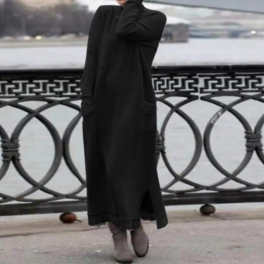 Thickened Velvet Dress O Neck Long Sleeves Slit Hem Knitted Lace Trim Maxi Dress Autumn Winter Warm Velvet Dress Streetwear