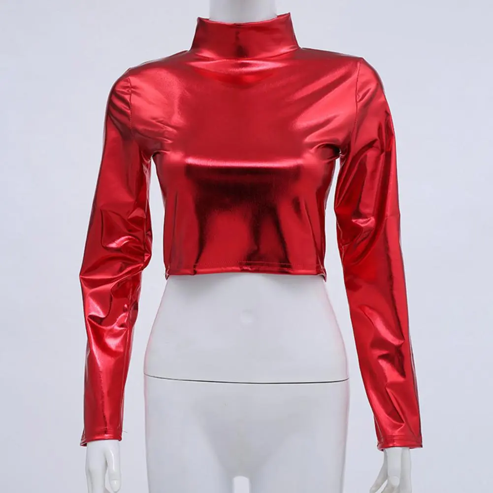 2025 Women Club Top Glossy Faux Leather Half-high Collar Waist-exposed Long Sleeve Skinny Crop Top Elastic Nightclub T-shirt