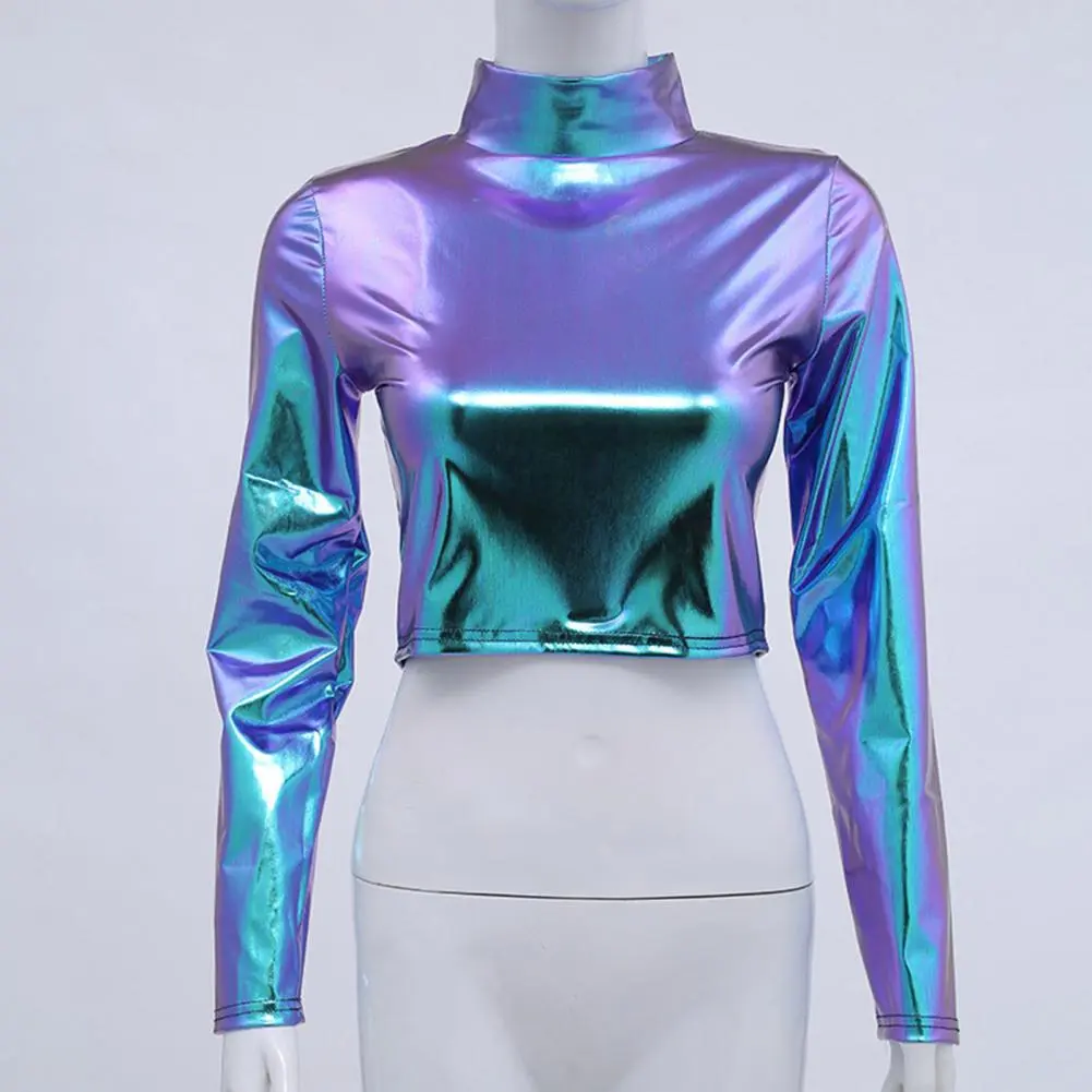 2025 Women Club Top Glossy Faux Leather Half-high Collar Waist-exposed Long Sleeve Skinny Crop Top Elastic Nightclub T-shirt