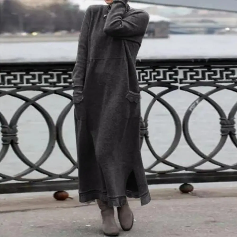 Thickened Velvet Dress O Neck Long Sleeves Slit Hem Knitted Lace Trim Maxi Dress Autumn Winter Warm Velvet Dress Streetwear