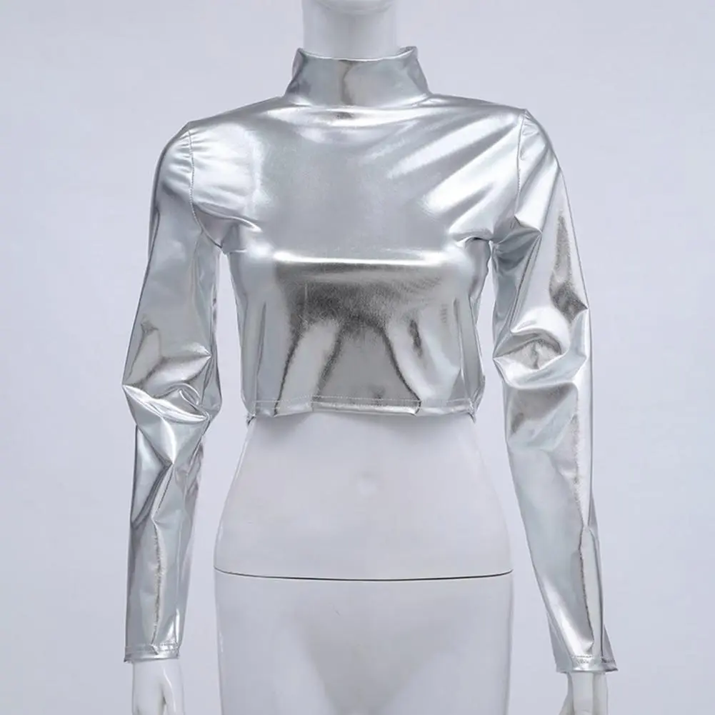 2025 Women Club Top Glossy Faux Leather Half-high Collar Waist-exposed Long Sleeve Skinny Crop Top Elastic Nightclub T-shirt