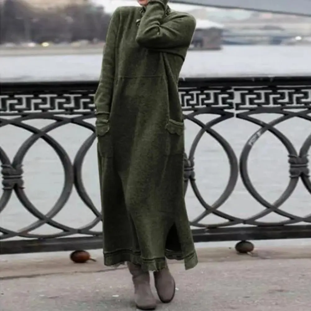 Thickened Velvet Dress O Neck Long Sleeves Slit Hem Knitted Lace Trim Maxi Dress Autumn Winter Warm Velvet Dress Streetwear