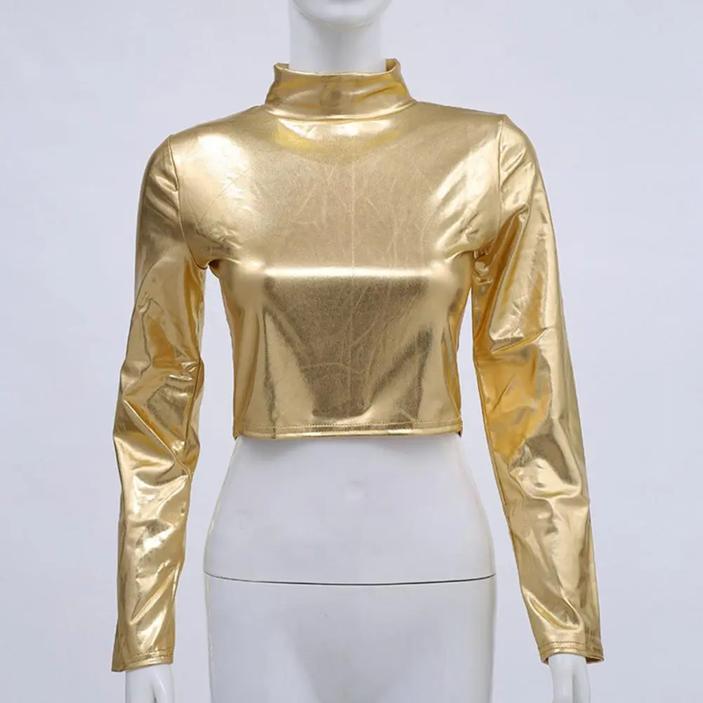 2025 Women Club Top Glossy Faux Leather Half-high Collar Waist-exposed Long Sleeve Skinny Crop Top Elastic Nightclub T-shirt