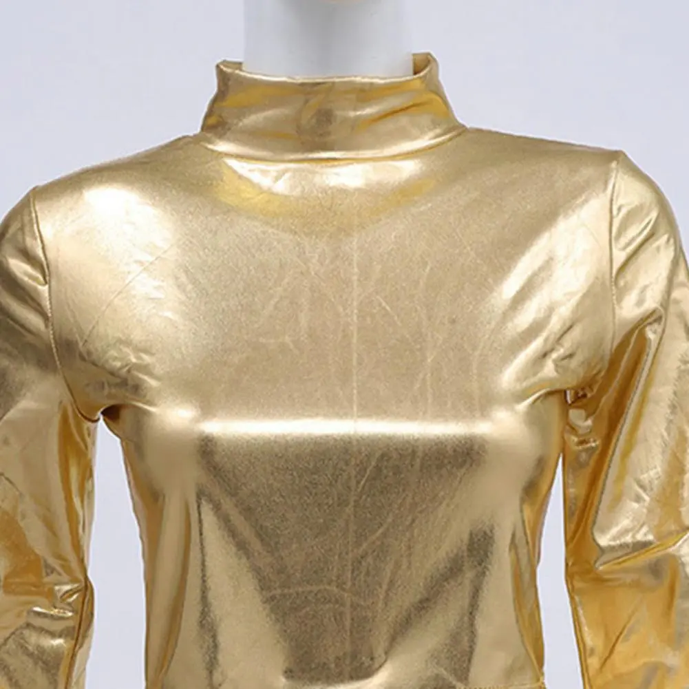 2025 Women Club Top Glossy Faux Leather Half-high Collar Waist-exposed Long Sleeve Skinny Crop Top Elastic Nightclub T-shirt
