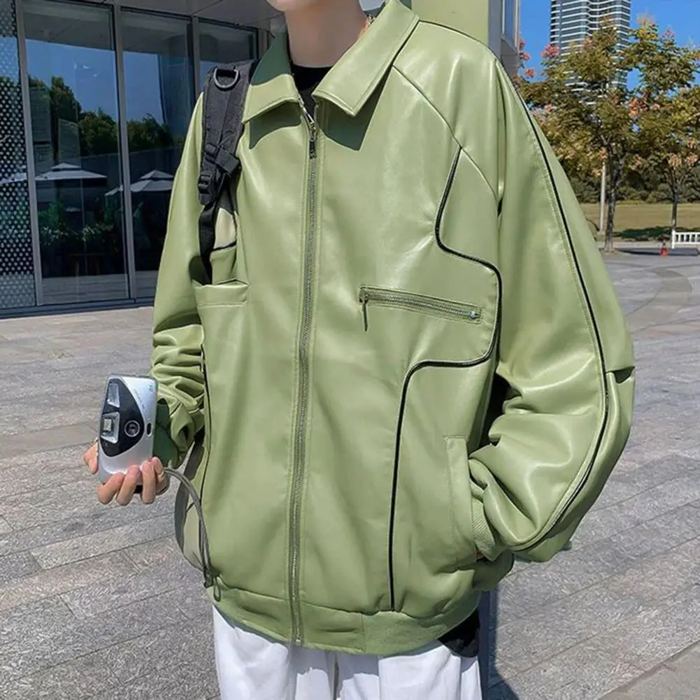 Avocado Green Men Faux Leather Jackey Maillard Style Retro Black Thickened Warm Pu Leather Bomber Jacket Designer Fashion Coat