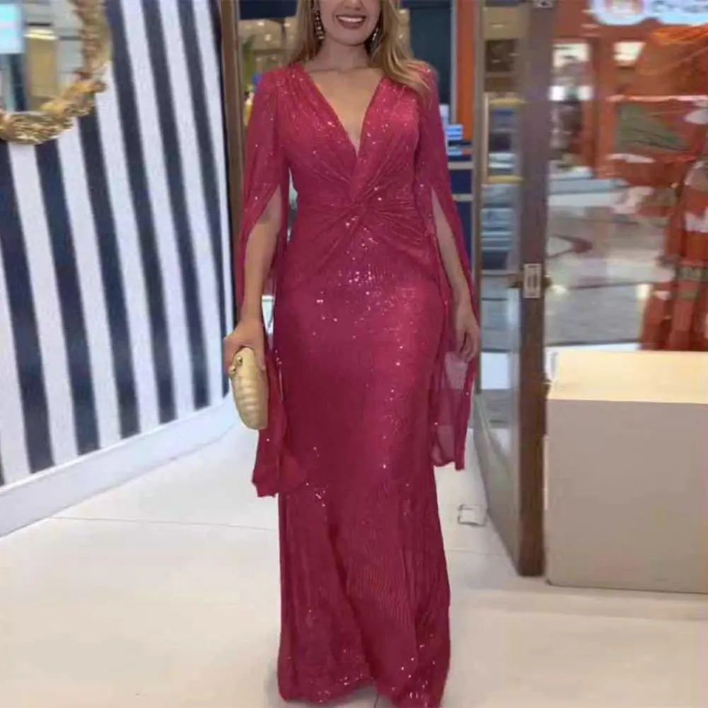 Deep V-neck Dress Prom Maxi Dress Elegant Sequin Maxi Dress Stunning Split Sleeves Deep V Neck Slim Fit for Women's Prom