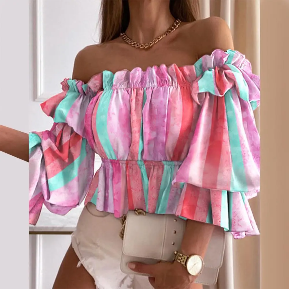 Women Blouse Flare Sleeve Shirt Colorful Multi-layer Elegant Off Shoulder Flounce Shirt Printed Pleated Ladies Ruffles Shirt