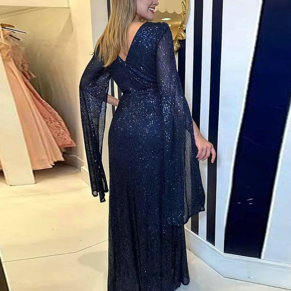 Deep V-neck Dress Prom Maxi Dress Elegant Sequin Maxi Dress Stunning Split Sleeves Deep V Neck Slim Fit for Women's Prom