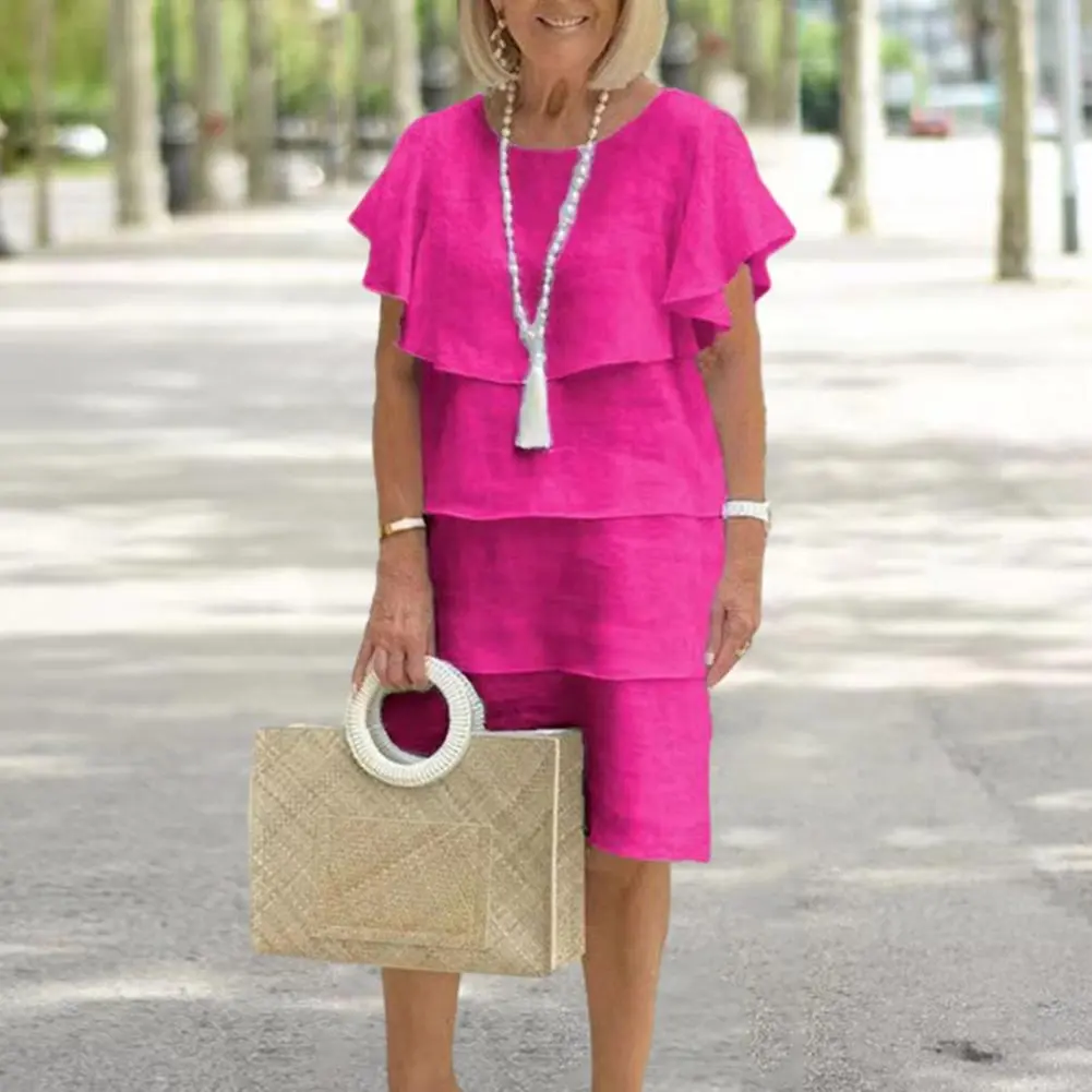 Women Dress Mid-length Ruffled Sleeves Round Neck Solid Color Midi Dress Office Ladies OL Style Casual Loose Lady Beach Dress