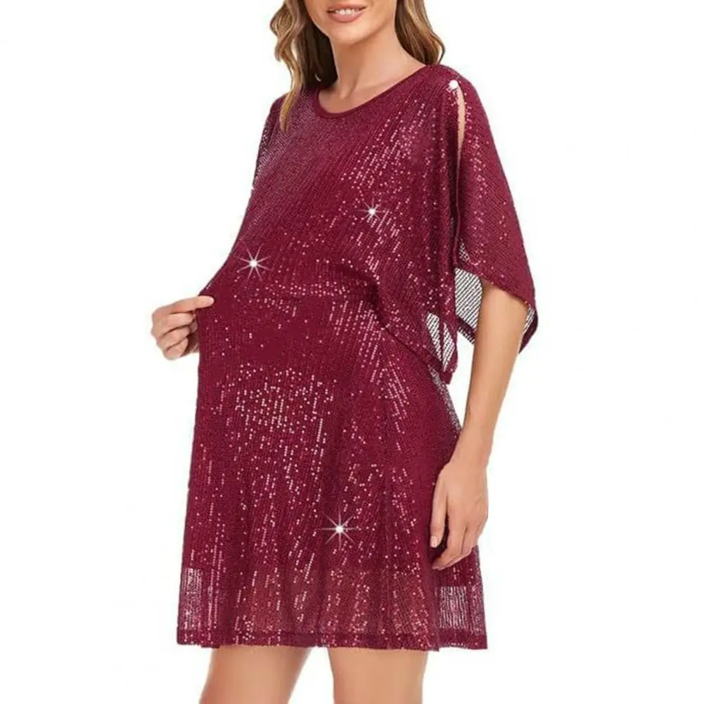 Glittery Sequin Dress Women Mini Dress Shimmering Sequin Double-layered Mini Dress for Women Elegant Club Party Attire with Bat