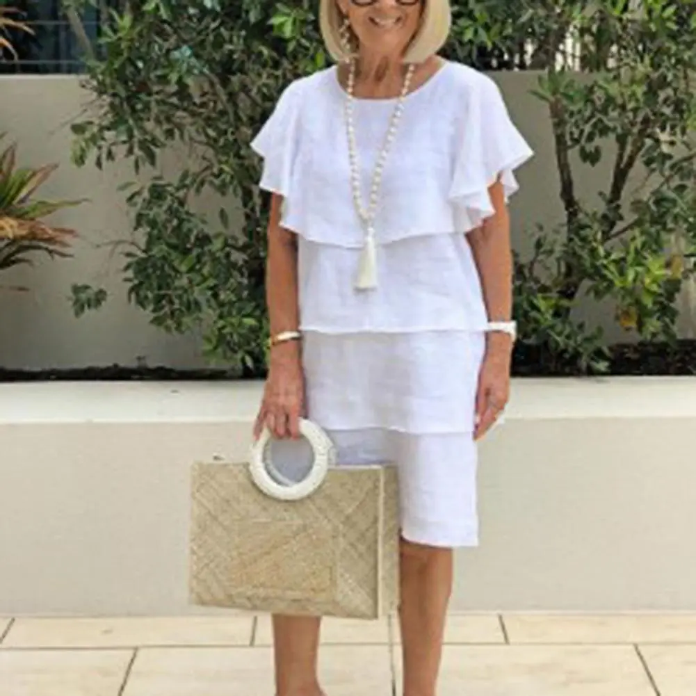 Women Dress Mid-length Ruffled Sleeves Round Neck Solid Color Midi Dress Office Ladies OL Style Casual Loose Lady Beach Dress