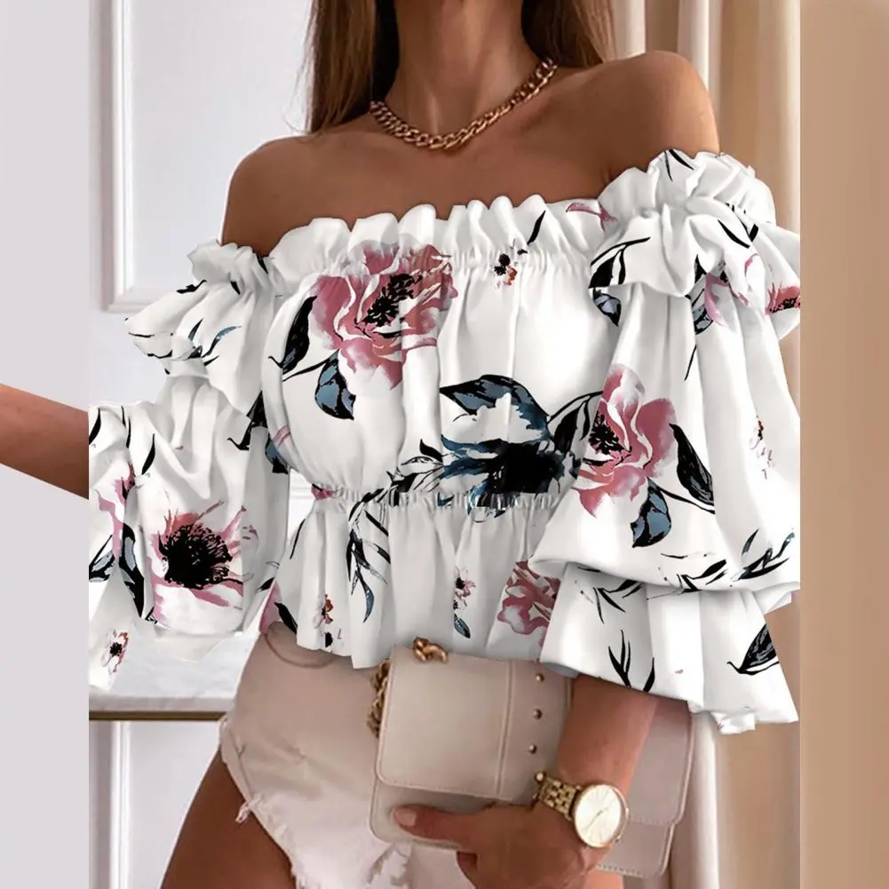 Women Blouse Flare Sleeve Shirt Colorful Multi-layer Elegant Off Shoulder Flounce Shirt Printed Pleated Ladies Ruffles Shirt