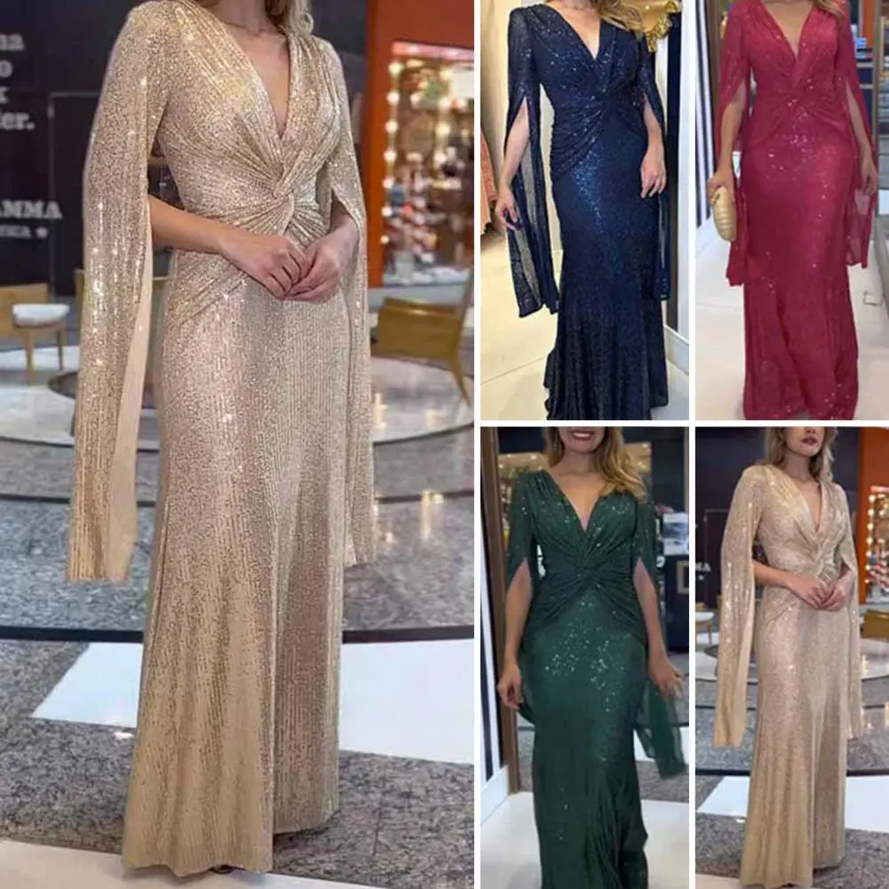 Deep V-neck Dress Prom Maxi Dress Elegant Sequin Maxi Dress Stunning Split Sleeves Deep V Neck Slim Fit for Women's Prom