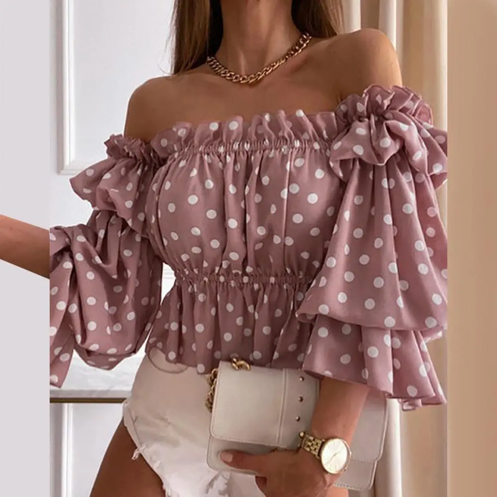Women Blouse Flare Sleeve Shirt Colorful Multi-layer Elegant Off Shoulder Flounce Shirt Printed Pleated Ladies Ruffles Shirt
