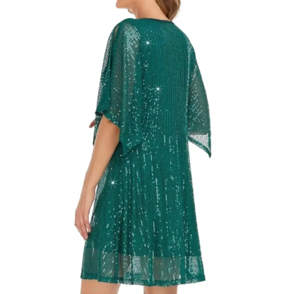 Glittery Sequin Dress Women Mini Dress Shimmering Sequin Double-layered Mini Dress for Women Elegant Club Party Attire with Bat