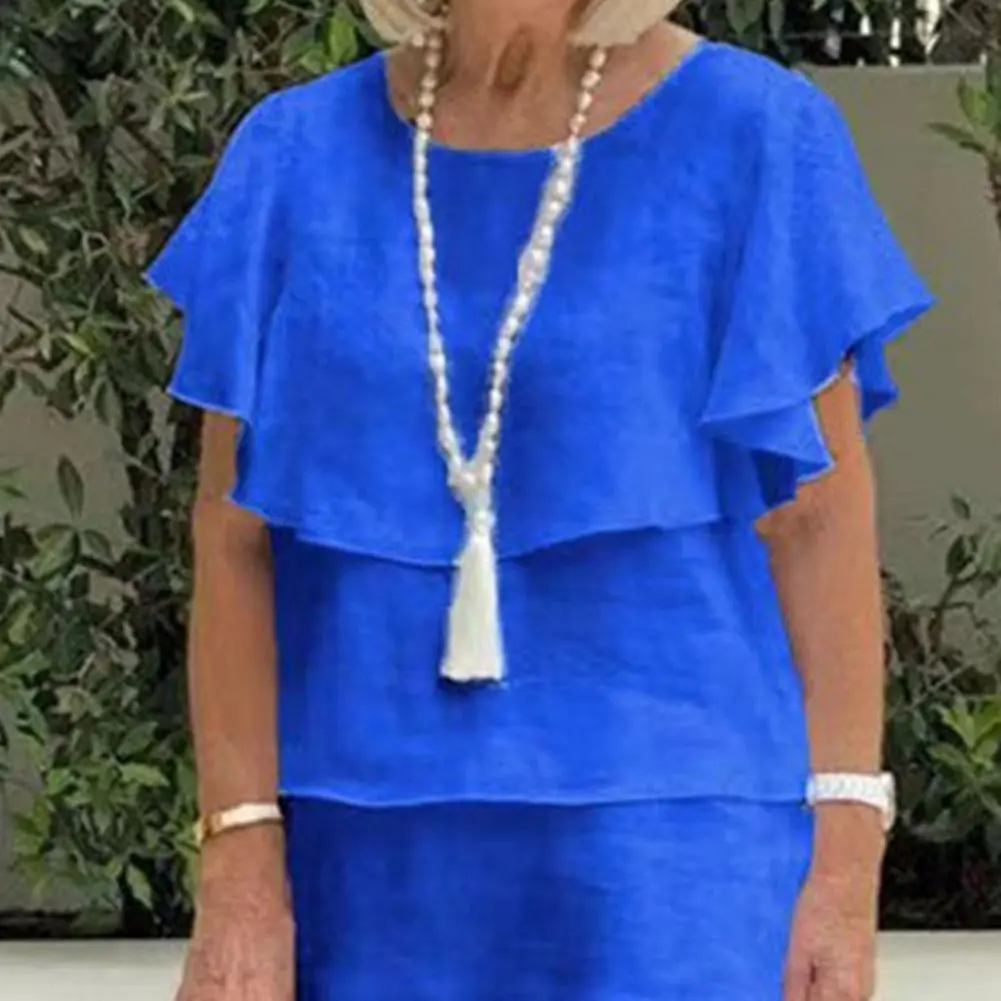 Women Dress Mid-length Ruffled Sleeves Round Neck Solid Color Midi Dress Office Ladies OL Style Casual Loose Lady Beach Dress