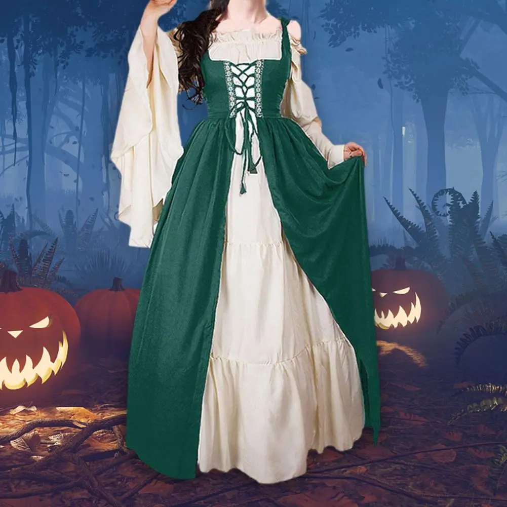 Women Medieval Dress Stitching Large HemWaist TightRuffle Sheer Vintage Dress Gothic Punk Style Retro Halloween Cosplay Dress