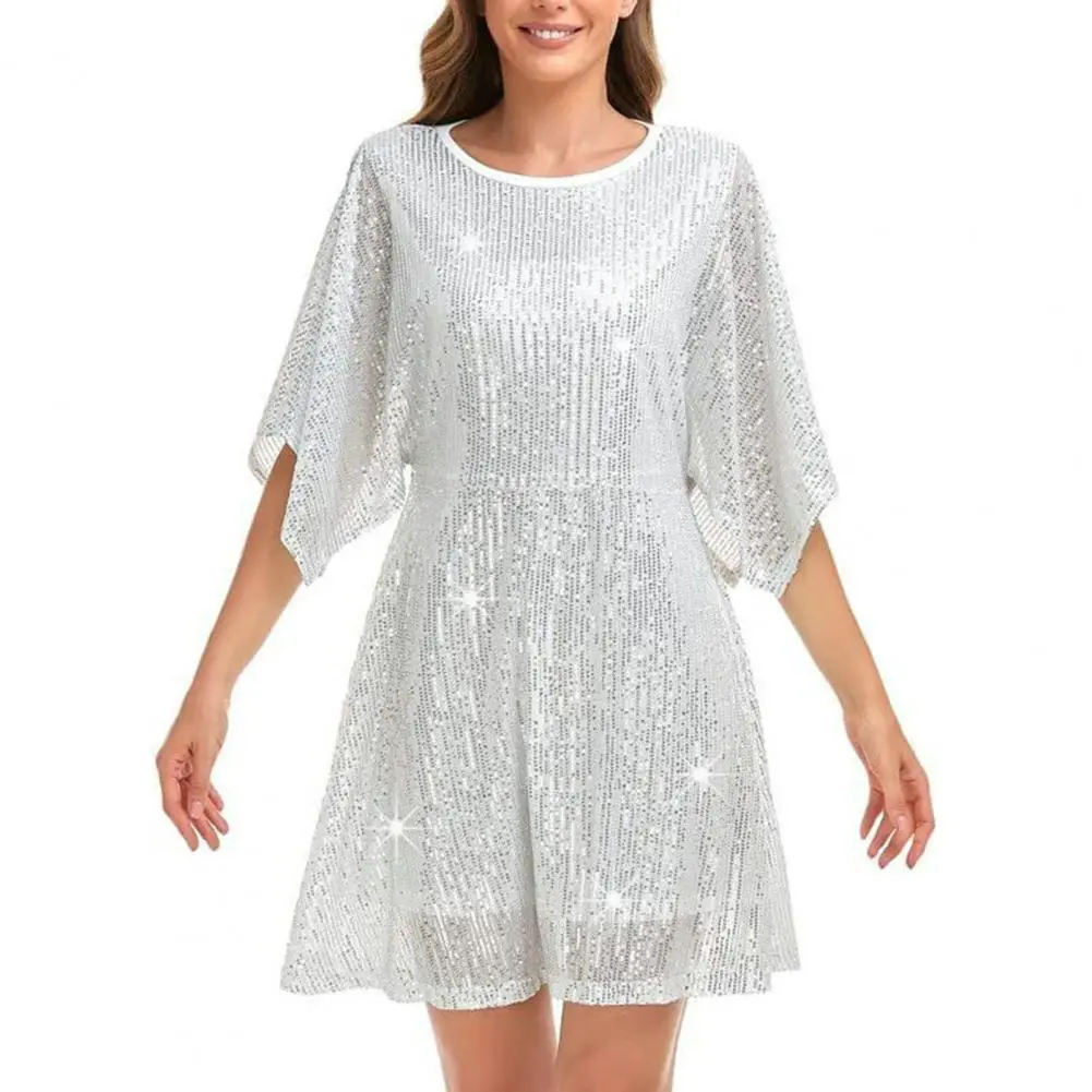 Glittery Sequin Dress Women Mini Dress Shimmering Sequin Double-layered Mini Dress for Women Elegant Club Party Attire with Bat