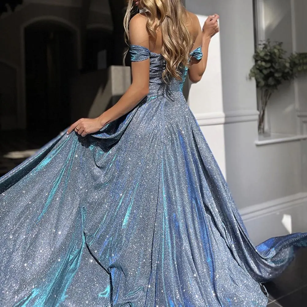 Women Shinny Maxi Dress Shiny Sequins Off Shoulder Low Cut Detail Dress Big Swing Split Hem Satin Wedding Party Evening Dress