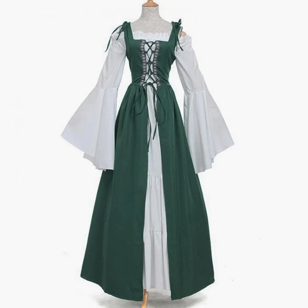 Women Medieval Dress Stitching Large HemWaist TightRuffle Sheer Vintage Dress Gothic Punk Style Retro Halloween Cosplay Dress