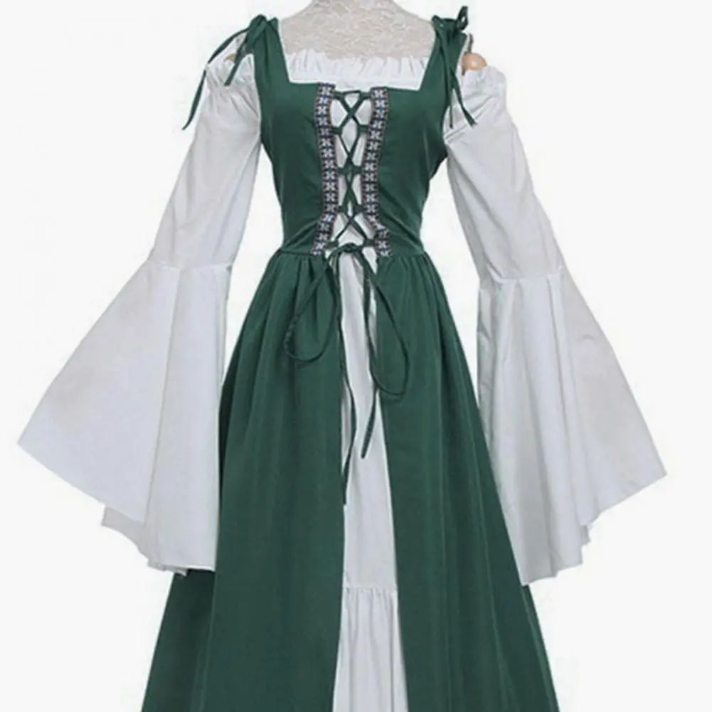Women Medieval Dress Stitching Large HemWaist TightRuffle Sheer Vintage Dress Gothic Punk Style Retro Halloween Cosplay Dress