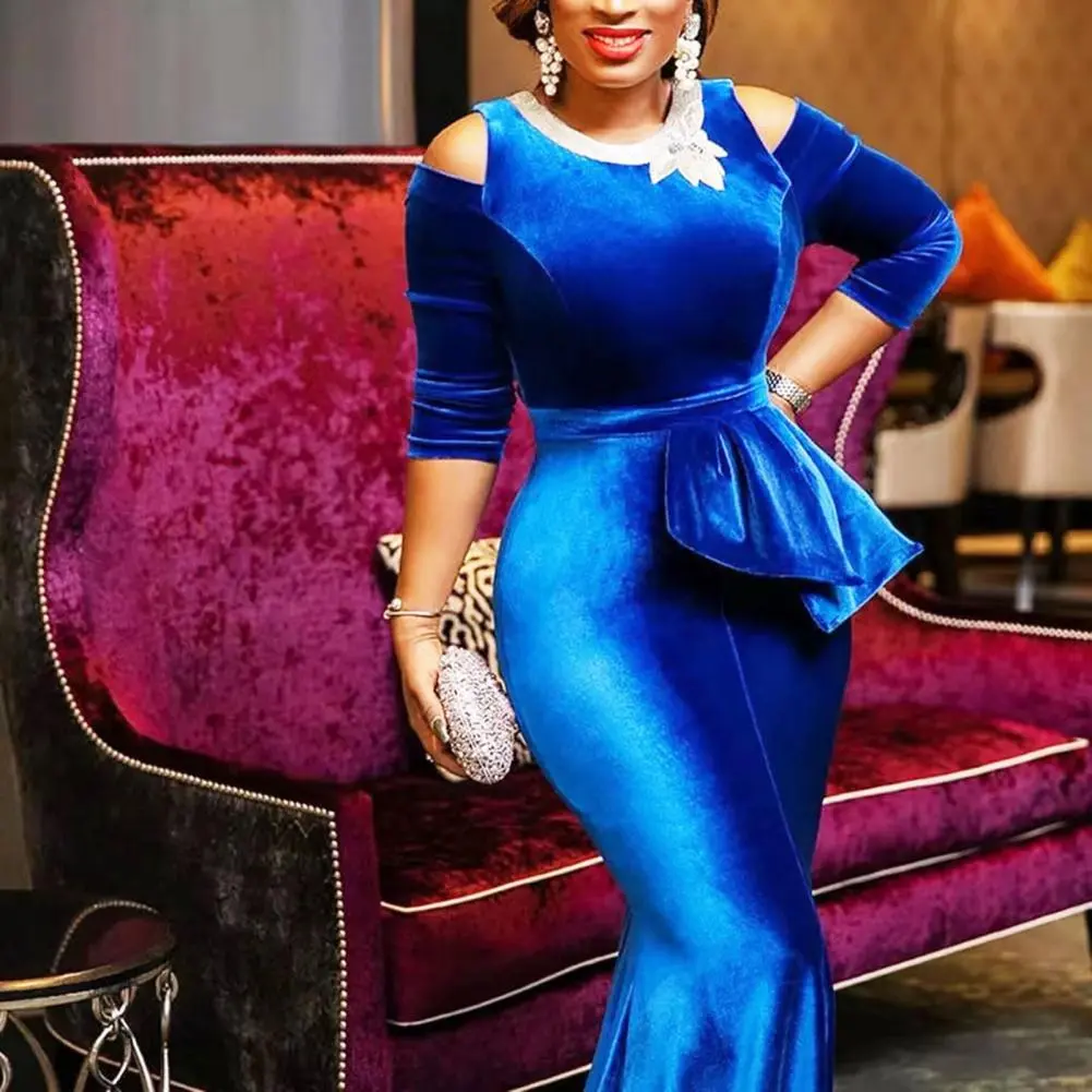 Elegant Formal Women Dress Charming Velvet Mermaid Wedding Dress Sexy Off Shoulder Fishtail Hem Hip Wrap Party Midi Dresses