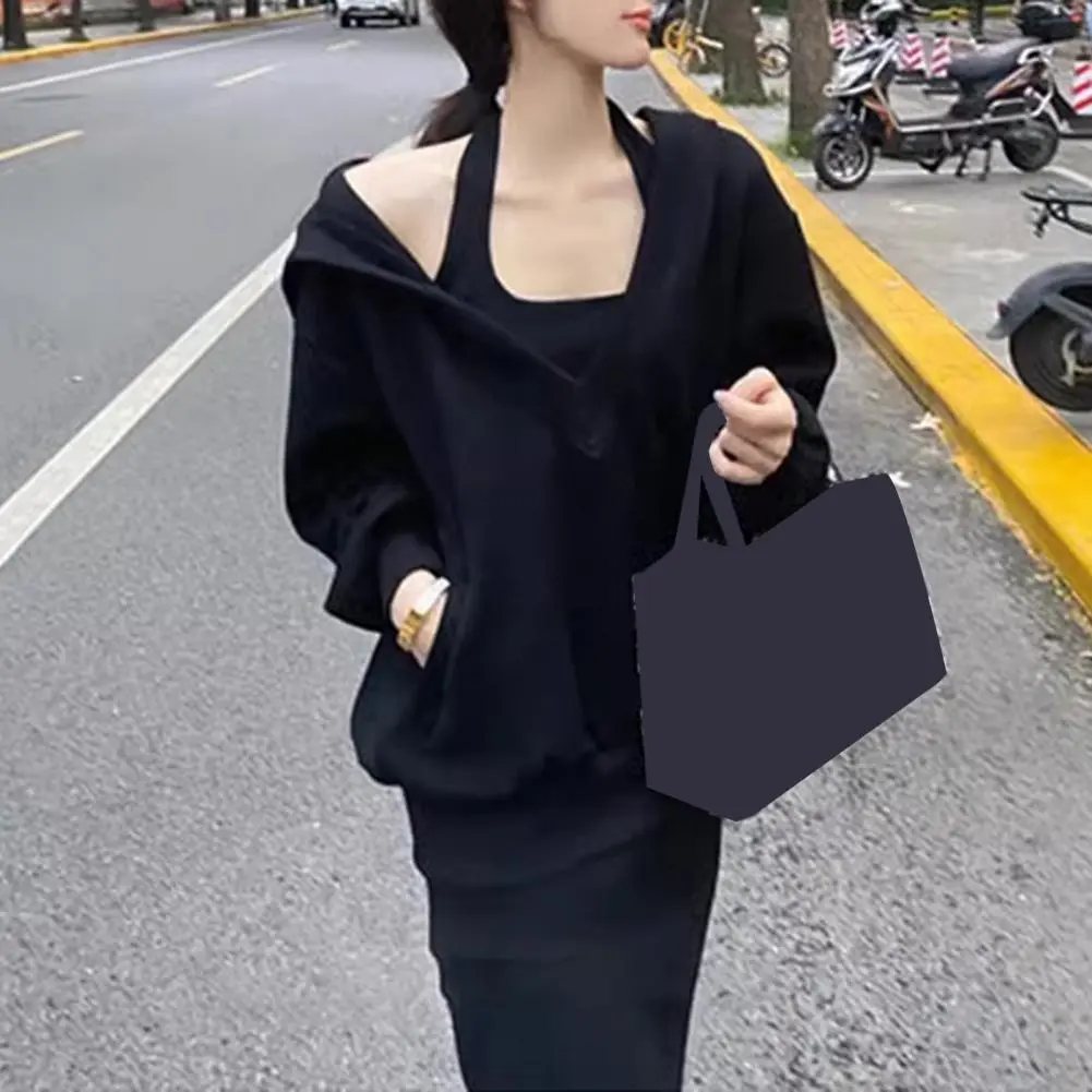 Hot Pink Women Hoodie Dress Set Two-piece V Neck Loose Hoody Halter Neck Maxi Dress Set Solid Color Sweatshirt Long Dress Suit
