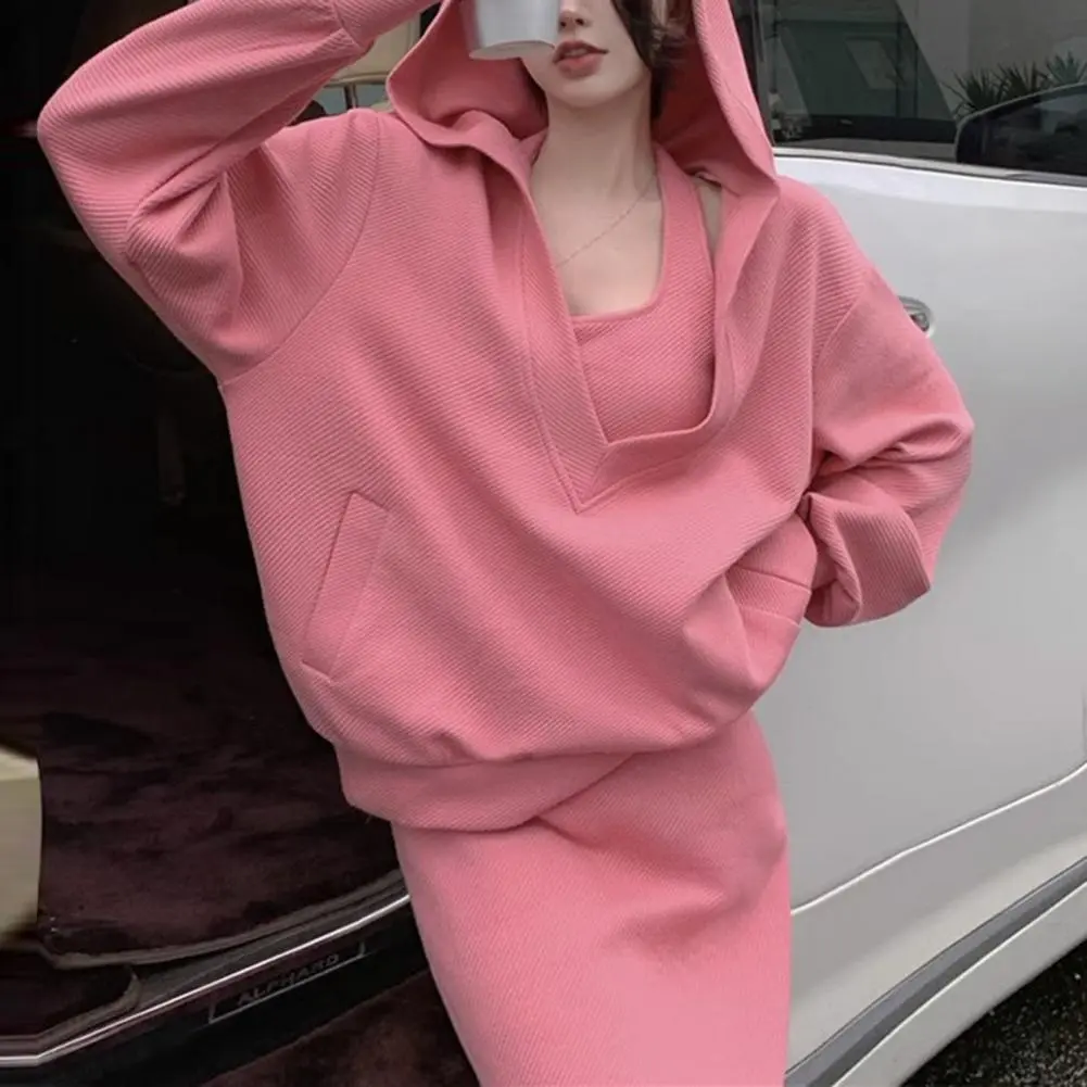 Hot Pink Women Hoodie Dress Set Two-piece V Neck Loose Hoody Halter Neck Maxi Dress Set Solid Color Sweatshirt Long Dress Suit