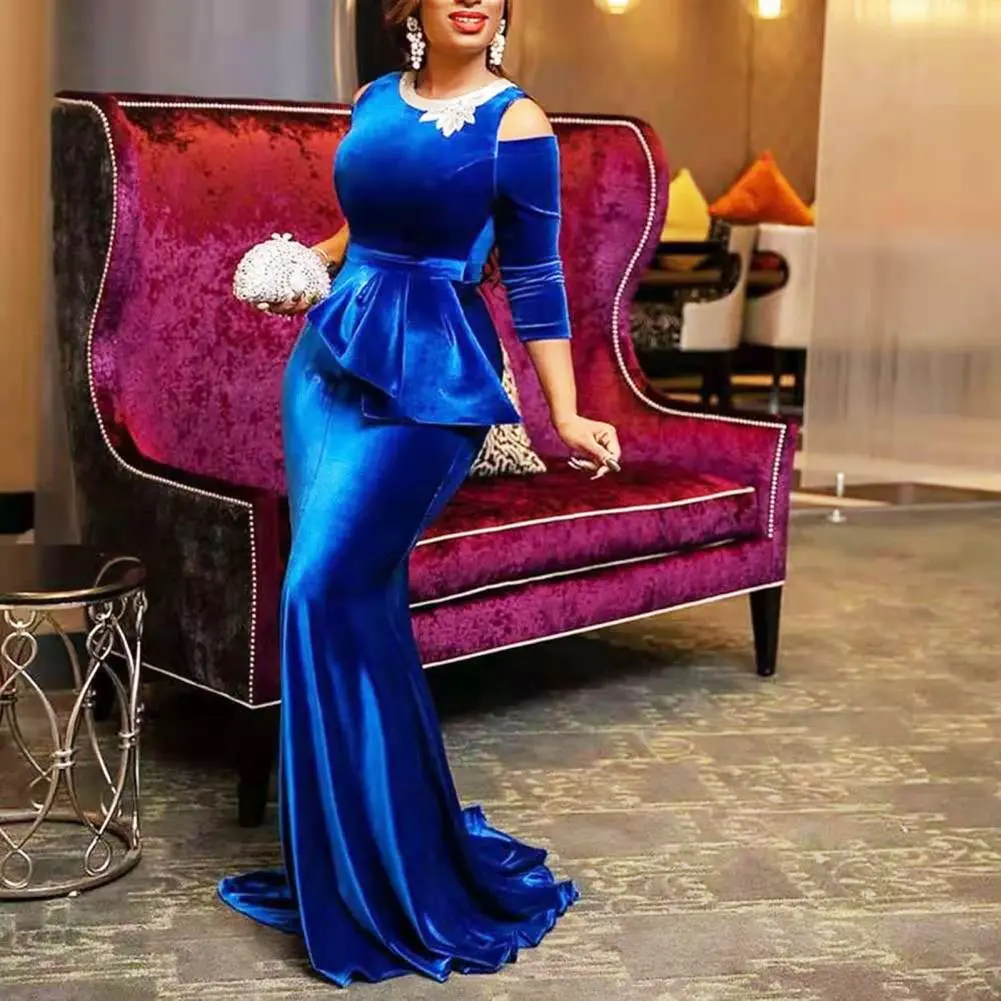 Elegant Formal Women Dress Charming Velvet Mermaid Wedding Dress Sexy Off Shoulder Fishtail Hem Hip Wrap Party Midi Dresses