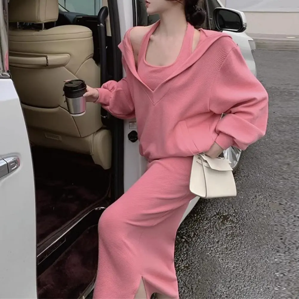 Hot Pink Women Hoodie Dress Set Two-piece V Neck Loose Hoody Halter Neck Maxi Dress Set Solid Color Sweatshirt Long Dress Suit