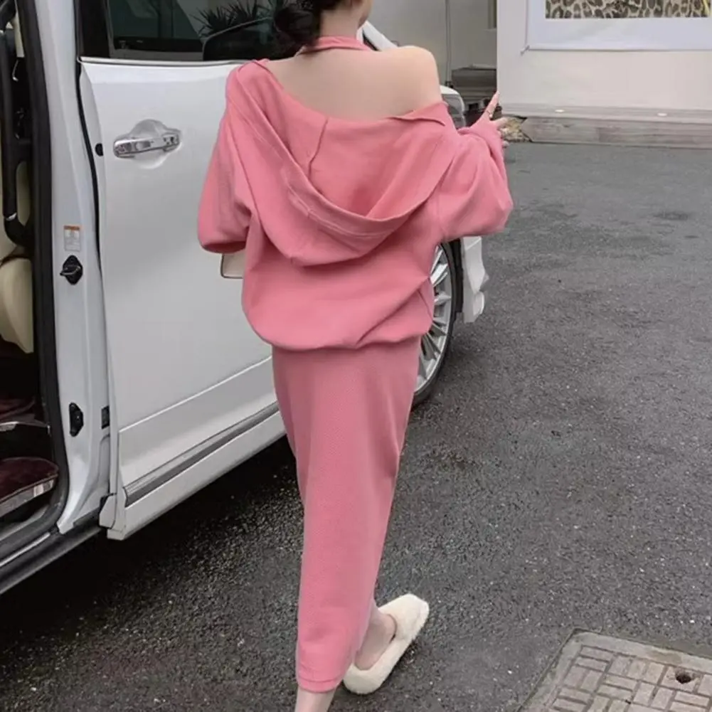 Hot Pink Women Hoodie Dress Set Two-piece V Neck Loose Hoody Halter Neck Maxi Dress Set Solid Color Sweatshirt Long Dress Suit