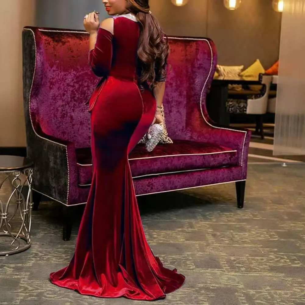 Elegant Formal Women Dress Charming Velvet Mermaid Wedding Dress Sexy Off Shoulder Fishtail Hem Hip Wrap Party Midi Dresses