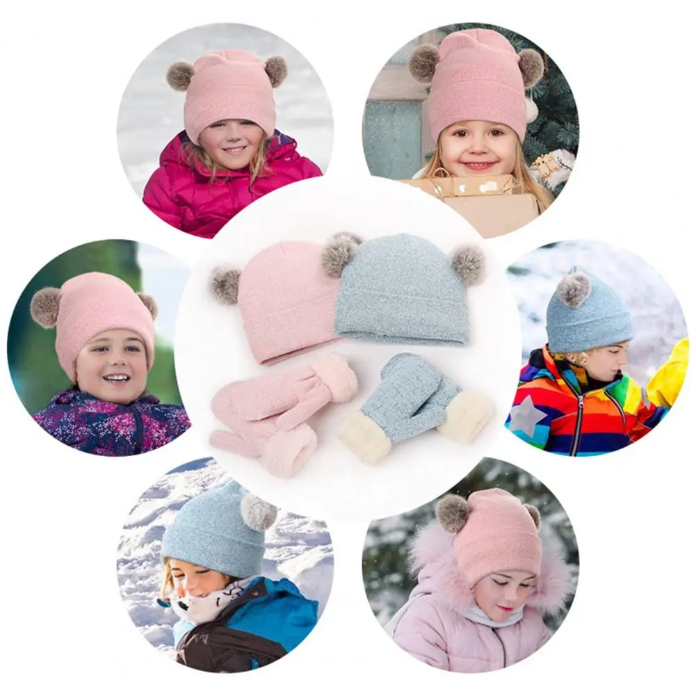Children Hat with Wool Balls Hat Scarf Gloves Set Cozy Winter Accessories Set for Kids Fleece-lined Knit Pom Pom Hat Mittens