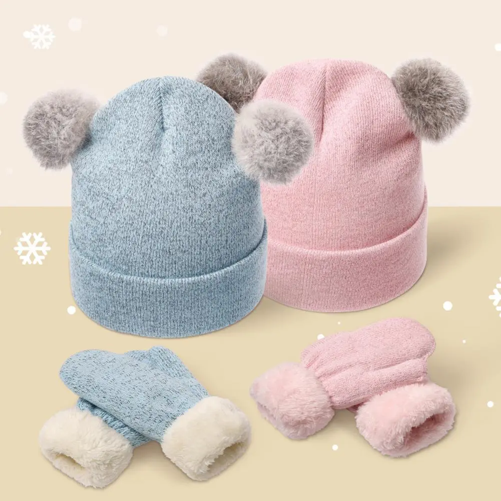 Children Hat with Wool Balls Hat Scarf Gloves Set Cozy Winter Accessories Set for Kids Fleece-lined Knit Pom Pom Hat Mittens