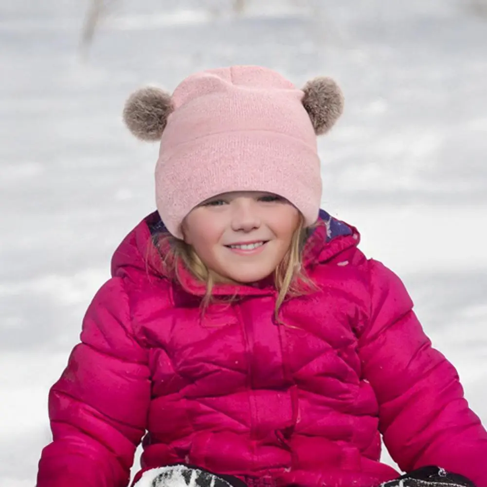 Children Hat with Wool Balls Hat Scarf Gloves Set Cozy Winter Accessories Set for Kids Fleece-lined Knit Pom Pom Hat Mittens