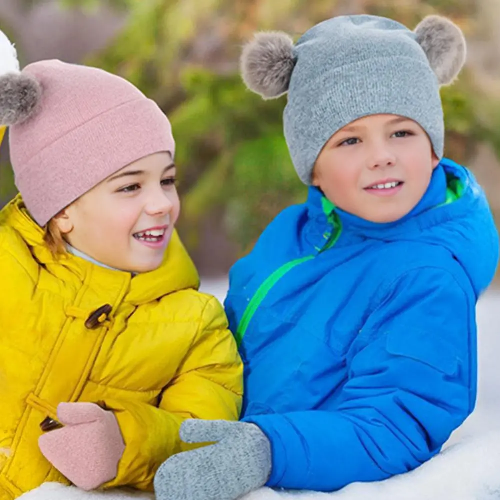 Children Hat with Wool Balls Hat Scarf Gloves Set Cozy Winter Accessories Set for Kids Fleece-lined Knit Pom Pom Hat Mittens