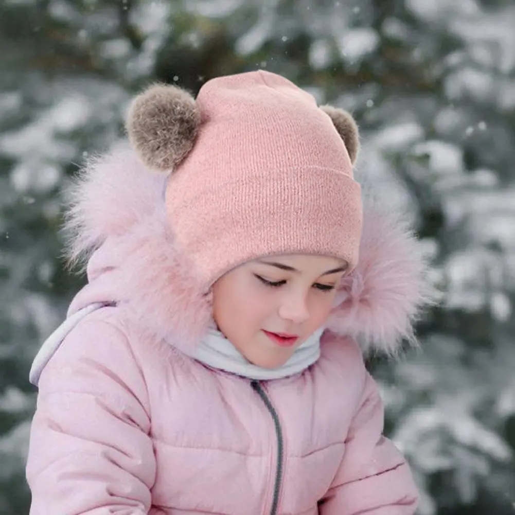 Children Hat with Wool Balls Hat Scarf Gloves Set Cozy Winter Accessories Set for Kids Fleece-lined Knit Pom Pom Hat Mittens