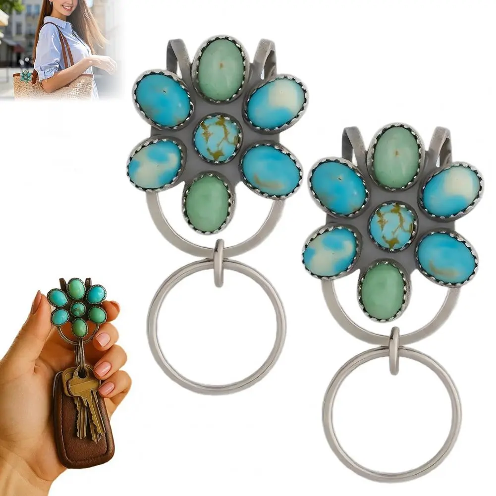 Exquisite Craftsmanship Keychain Keychain Bag Clip Holder Turquoise Flower Shape Keychain Set Natural Stone Inlay for Style