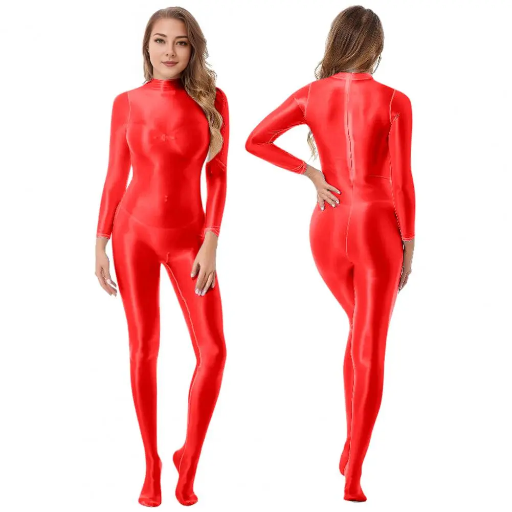 Second Skin Jumpsuit Women Jumpsuit Shiny Long Sleeve Bodystocking Catsuit for Dance Practice Club Pole Dance for Surfing