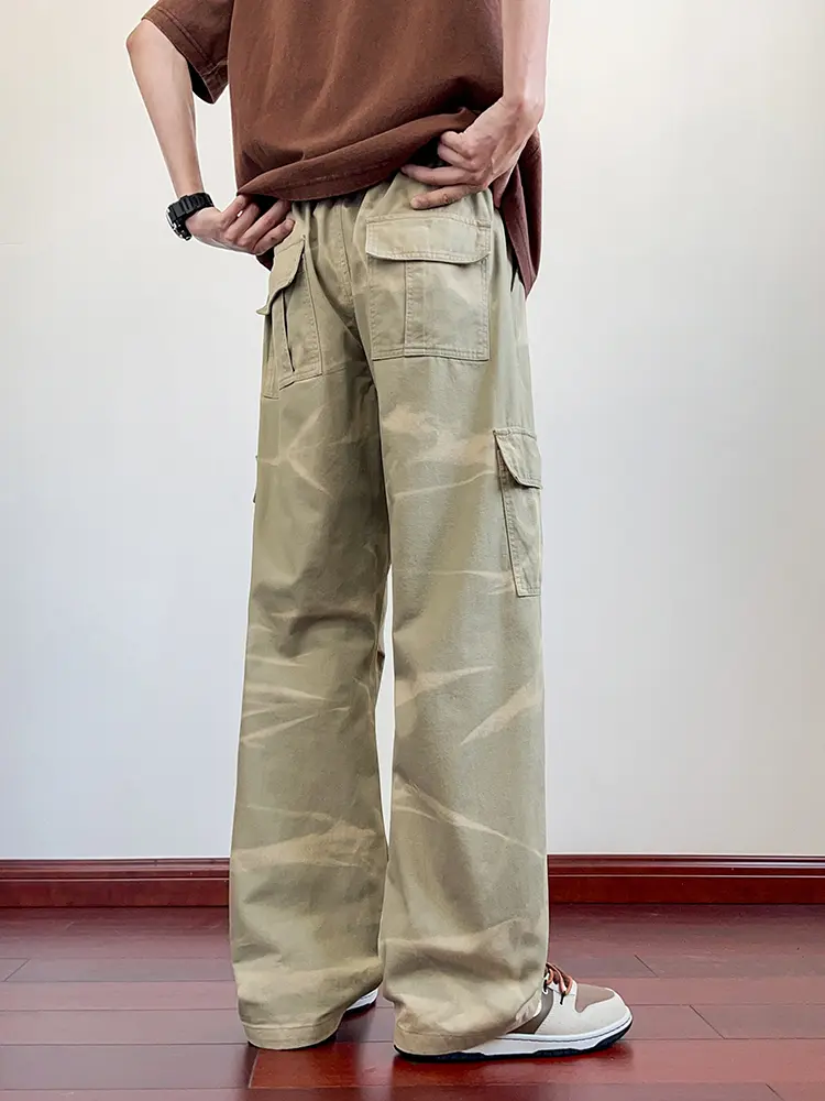 Men's Camouflage Cargo Pants with 6 Pockets Street Style Washed Cotton Wide Leg Y2K Pants Straight Baggy Work Trousers 8XL