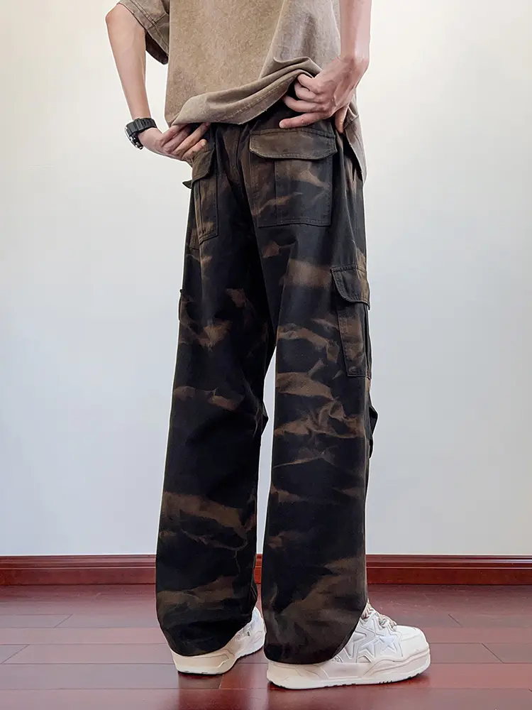 Men's Camouflage Cargo Pants with 6 Pockets Street Style Washed Cotton Wide Leg Y2K Pants Straight Baggy Work Trousers 8XL