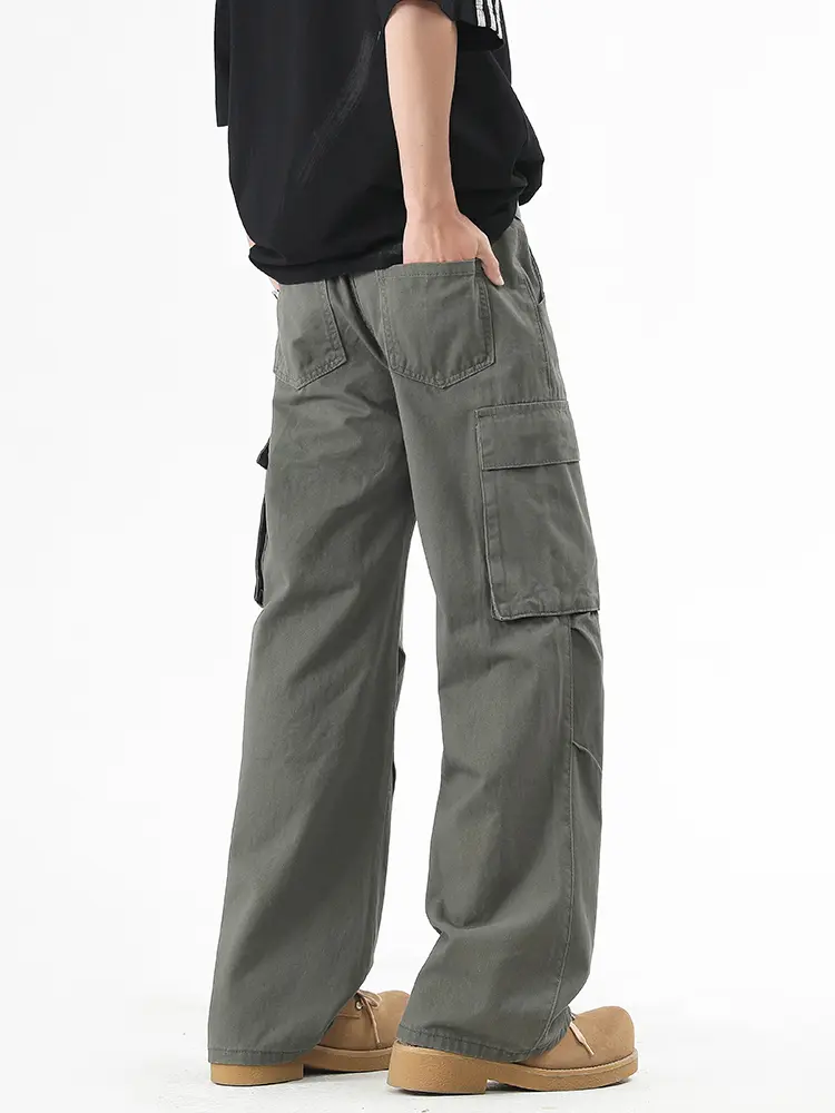 Men's Cargo Pants Spring Summer Korean Fashion 100% Cotton Baggy Style Wide Leg Casual Pants Loose Fit Straight Trousers