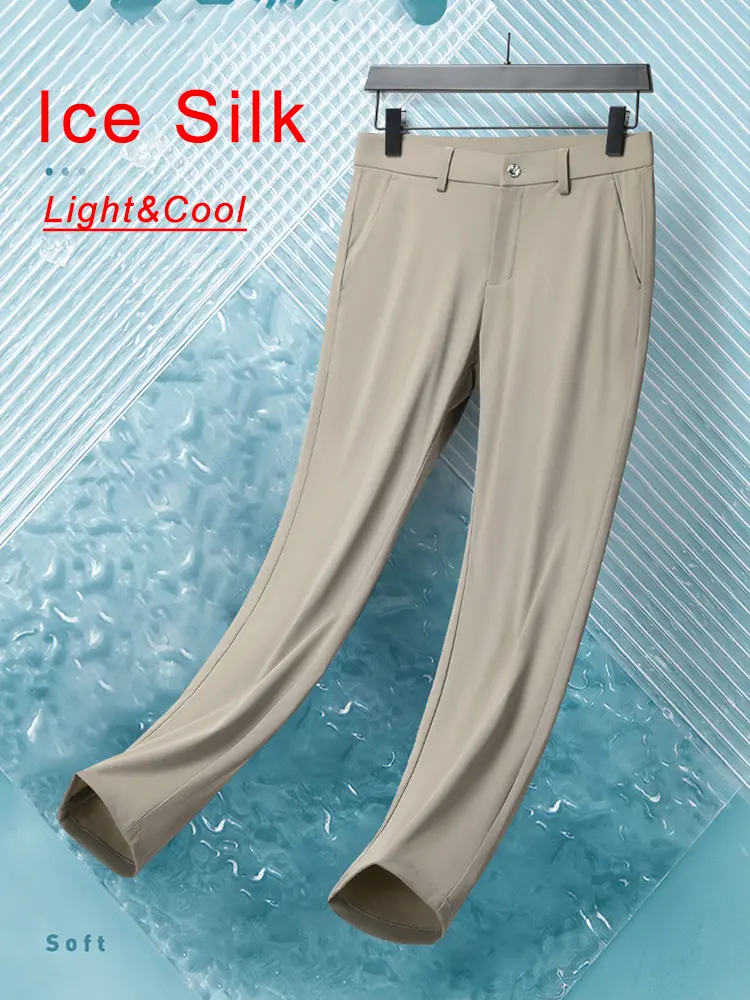 Summer Ice Silk Men's Casual Pants Light and Thin Nylon/Spandex Fabric Stretch Golf Pants Office Work Party Slim Fit Suit Pants