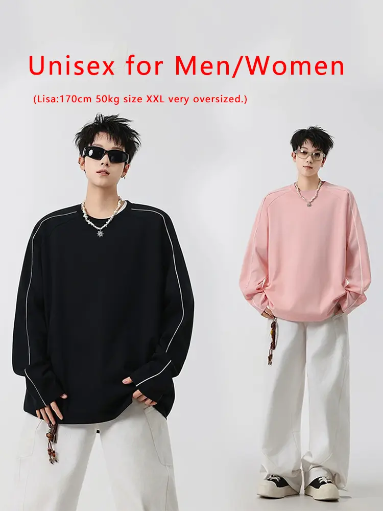 260GSM Striped Long Sleeve T-Shirts Men Korean Fashion O-Neck Loose Fit Basic Tee Tops Unisex Couples Oversized Tshirts