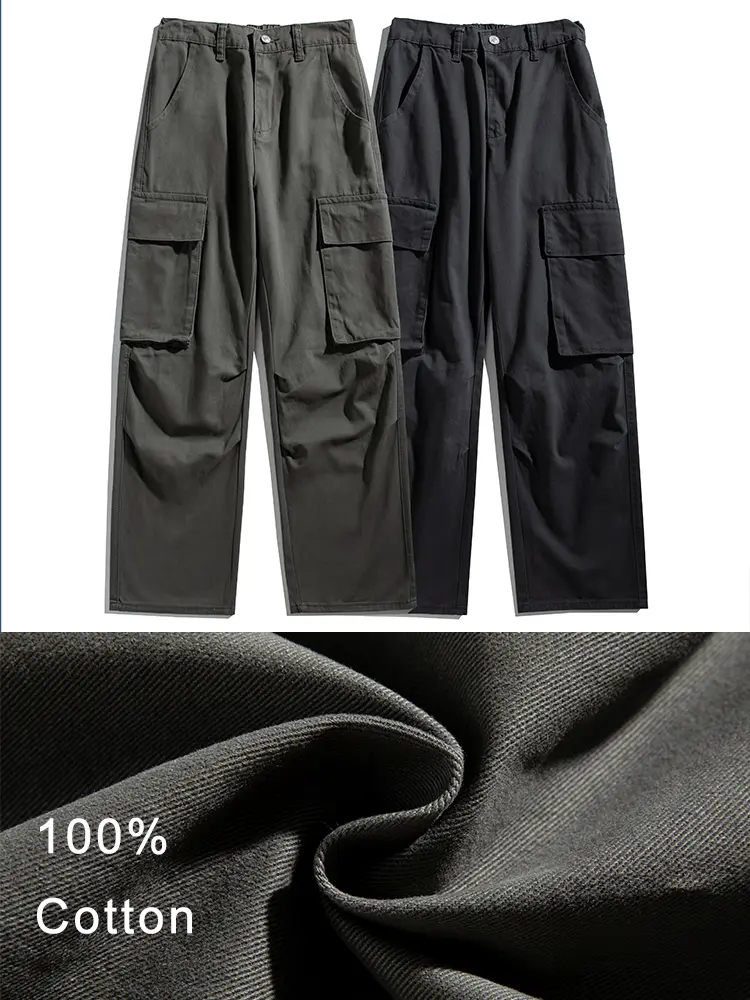 Men's Cargo Pants Spring Summer Korean Fashion 100% Cotton Baggy Style Wide Leg Casual Pants Loose Fit Straight Trousers