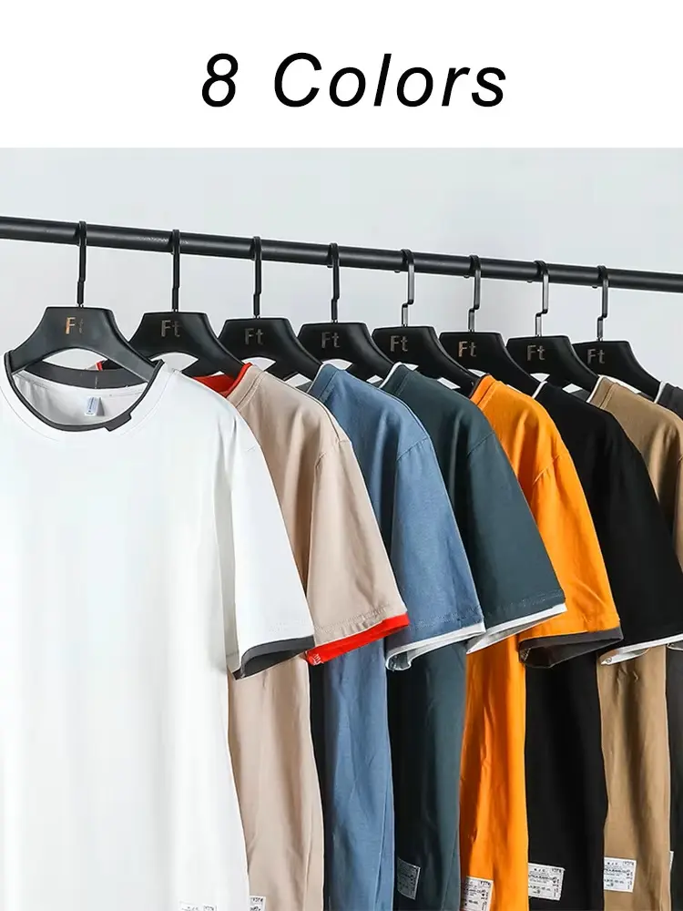 Summer T-shirts Men Letter Patched Contrast Trim 2 In 1 Cotton Tee Short Sleeve Solid Basic Tops Slim Casual Tshirts